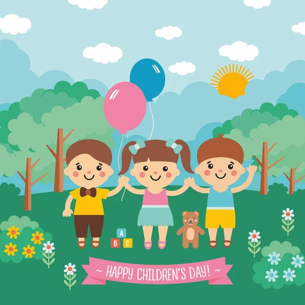 Gelukkige kinderdag. Geweldige cartoon illustratie met grappige kinderen karakter. Zonnig landschap met blauwe lucht, groene weide, bos en bloemen. — Stockvector