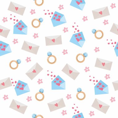 Sevgililer Günü için kusursuz desen. Yüzüklü, zarflı ve kalpli parlak bir illüstrasyon. Kumaş baskısı, doku ve ambalaj kağıdı için arkaplan.