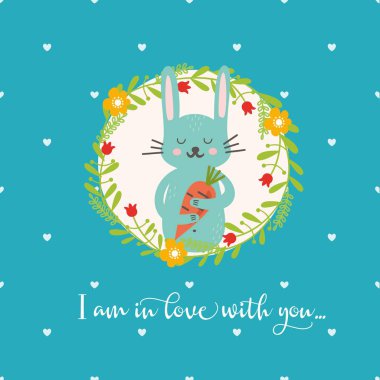 Çiçekli, sevimli, komik bir hayvan. Havuçlu tavşan. Davetiyeler ve tebrik kartları için mükemmel. Bebek için parlak bir resim..