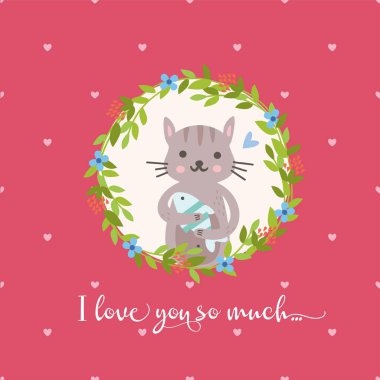 Çiçekli, sevimli, komik bir hayvan. Balıklı kedi. Davetiyeler ve tebrik kartları için mükemmel. Bebek için parlak bir resim..