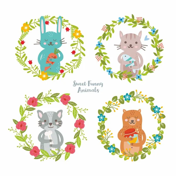 Αστεία συλλογή ζώων σε καλοκαιρινό στεφάνι λουλουδιών. Κουνέλι με καρότο, γάτα με ψάρι, σκύλος με κόκκαλο, αρκούδα με βάζο με μέλι. Για προσκλήσεις και ευχετήριες κάρτες. Εικόνα για το μωρό. — Διανυσματικό Αρχείο