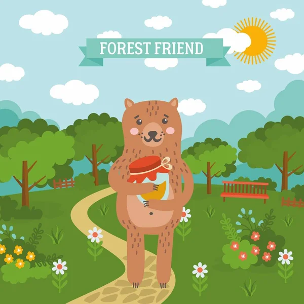 Dibujos animados de naturaleza de verano ilustración con oso lindo. Paisaje de día soleado con cielo azul, prado verde, bosque y flores . — Vector de stock