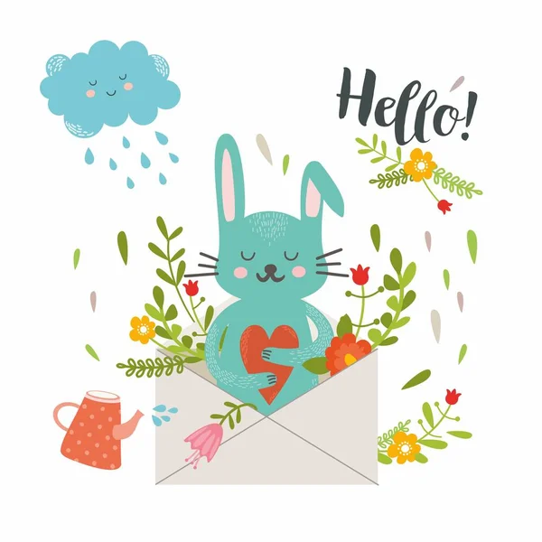 Glad sommardag. Härligt kort i ljusa färger. Rolig kanin med morot i blomkrans. Perfekt för inbjudningar och gratulationskort — Stock vektor