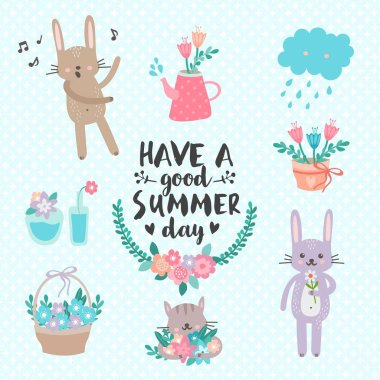 İyi bir yaz günü dilerim. Yumuşak pastel renklerde harika bir set. Mavi arka planda tipografi, buket, tavşan, bulut ve çiçek çelengi ile sevimli illüstrasyon.