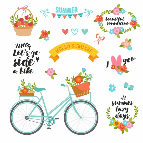 Parlak renklerle yazılmış romantik bir yaz. Tipografi, bisiklet, çiçek buketi, sepet, çelenk ve kalple şirin bir koleksiyon. Düğün davetiyesi, kart ve afiş için mükemmel.. — Stok Vektör