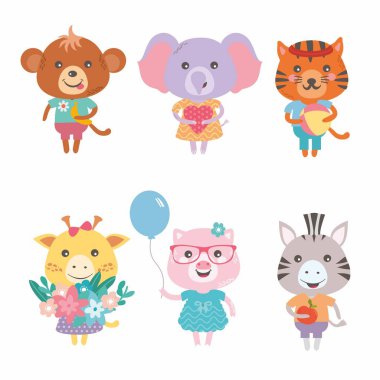 Güzel hayvanlarla dolu bir vektör seti. Komik karakter koleksiyonları. Maymun, fil, kaplan, zürafa, domuz, parlak elbiseli zebra. Bebek için basit ve şirin bir tarz..