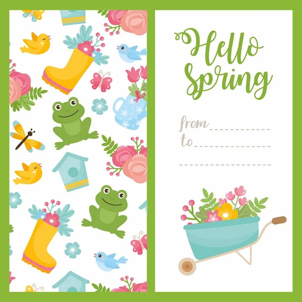 Hello spring greeting card. Cute illustration with spring bouquet in a boots, little frog, dragonfly and nesting box. — Stock Vector