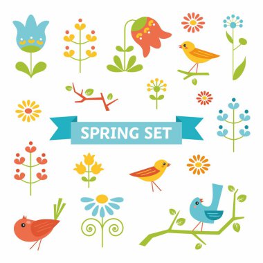 Kuşlarla, çiçeklerle bezeli tatlı bir bahar seti.