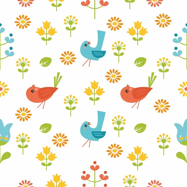 Cute spring seamless pattern with birds, flowers, leaves — 图库矢量图片