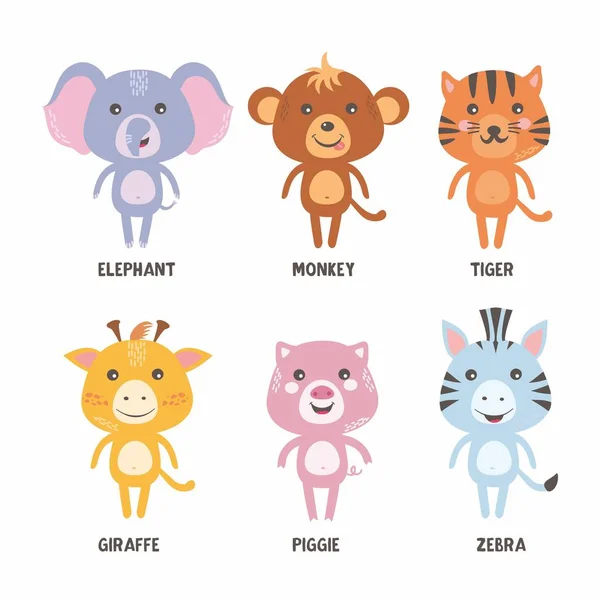 Vektor-Set mit schönen Tieren. Lustige Figurensammlungen. Elefant, Affe, Tiger, Giraffe, Schwein, Zebra. einfacher und niedlicher Stil. — Stockvektor