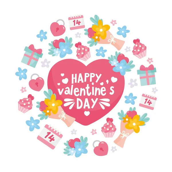 Boldog Valentin napi üdvözlőlapot. Szöveges felirat a szívbe. Eredeti és kreatív nyaralás design szívvel, virágcsokorral és süteményekkel. — Stock Vector