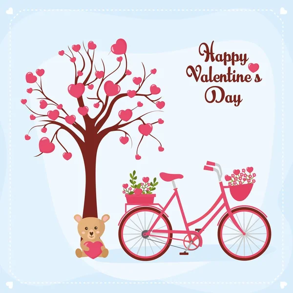 Walentynkowa kartka z życzeniami. Ładna ilustracja z drzewa, rower z bukietem kwiatów i misia. — Wektor stockowy