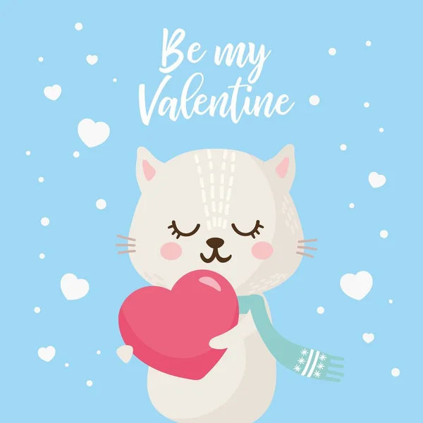 Walentynkowa kartka z życzeniami. Ładna ilustracja ze słodkim kotem i liternictwem. Na pocztówkę lub zaproszenie. — Wektor stockowy