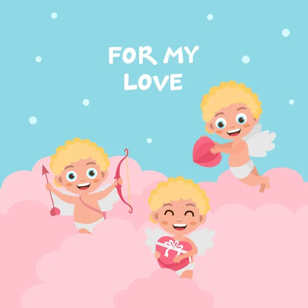 Valentines day greeting card. Cute baby cupid characters with hearts. Amur with a bow, flies in the clouds, holding a gift. — Stock Vector