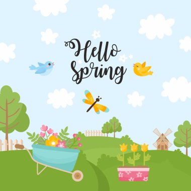 Merhaba bahar tebrik kartı. Botlarında bahar buketi, küçük kurbağa, yusufçuk ve yuvalama kutusu olan şirin bir illüstrasyon..