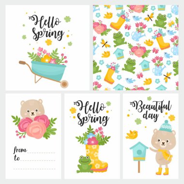 Merhaba bahar tebrik kartı. Botlarında bahar buketi, küçük kurbağa, yusufçuk ve yuvalama kutusu olan şirin bir illüstrasyon..