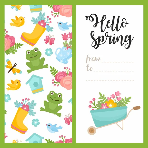 Вітальна листівка весни. Симпатична ілюстрація з весняним букетом у чоботях, маленька жаба, бабка та коробка для гніздування . — стоковий вектор