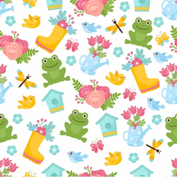 Hello spring greeting card. Cute illustration with spring bouquet in a boots, little frog, dragonfly and nesting box. — 图库矢量图片