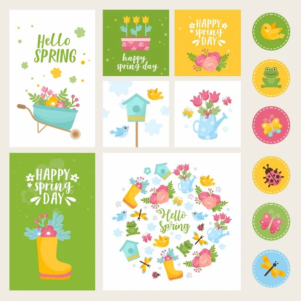 Ciao biglietto di auguri di primavera. Illustrazione carina con mazzo di primavera in stivali, rana, libellula e scatola di nidificazione . — Vettoriale Stock