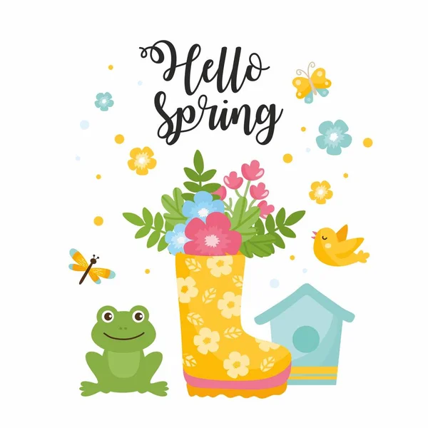 Hallo Frühling Grußkarte. niedliche Illustration mit Frühlingsstrauß im Stiefel, Kleiner Frosch, Libelle und Nistkasten. — Stockvektor