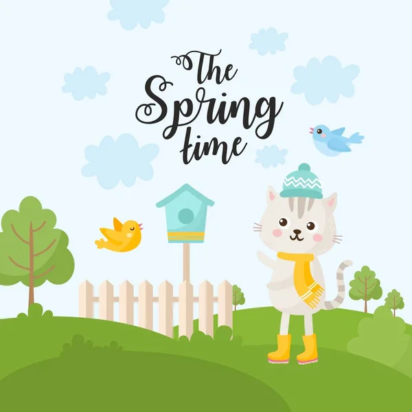 Olá cartão de saudação primavera. Ilustração bonito com buquê de primavera em botas, sapo pequeno, libélula e caixa de nidificação . — Vetor de Stock