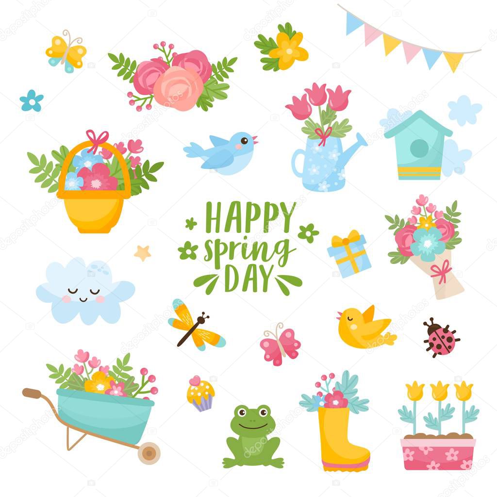 Hello spring greeting card. Cute illustration with spring bouquet in a boots, little frog, dragonfly and nesting box.