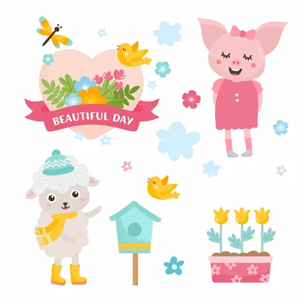 Hallo Frühling Grußkarte. Schwein und Schaf freuen sich im Frühling. Vogelhaus viele Blumen und Vögel. niedliche kindliche Illustration. — Stockvektor