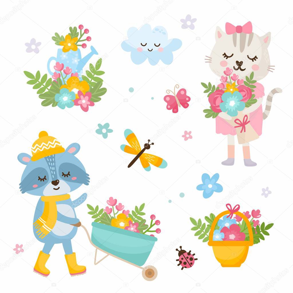 Hello spring card. Cute illustration with a bouquet of flowers in a basket, watering can, dragonfly, cloud. ute raccoon with a garden wheelbarrow. Cute cat with a bouquet of flowers.