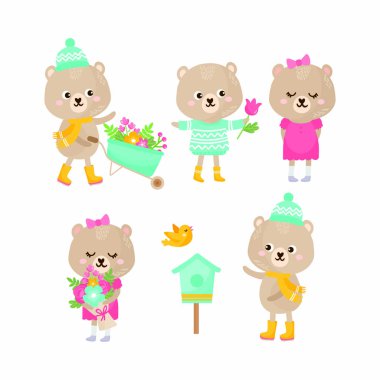 Bahar zamanı tebrik kartı. Çiçekli ve hediyeli büyük kupa. Sevimli çocuksu çizimler..