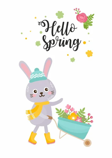 Willkommenskarte für den Frühling. Ein Kaninchen mit einer Gartenschubkarre. Kaninchen freut sich im Frühling. niedliche kindliche Illustration. — Stockvektor