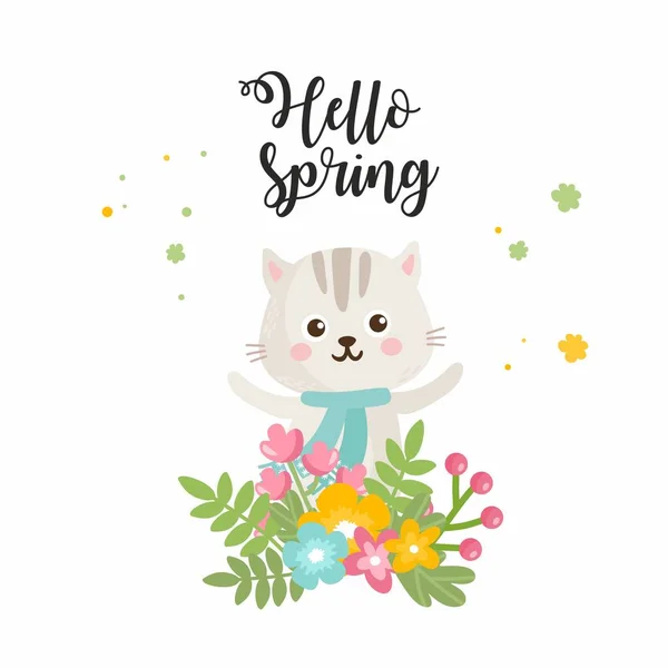 Willkommenskarte für den Frühling. niedliche Katze mit Frühlingsblumen Strauß. Katze freut sich im Frühling. niedliche kindliche Illustration. — Stockvektor