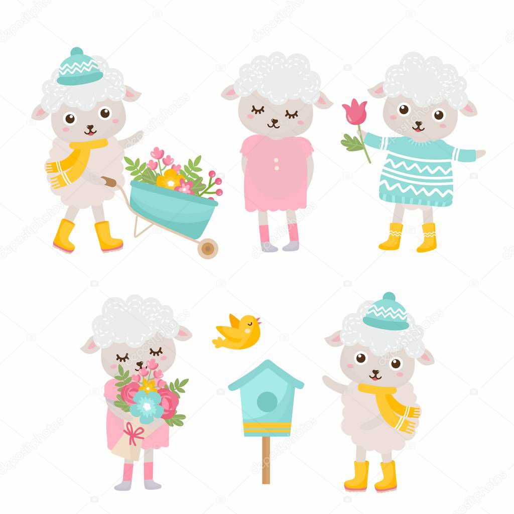 Cute animals collection. Sheep with a garden wheelbarrow, gives spring flowers bouquet, sheep with bird house, floral bouquet. Animals rejoices in spring.