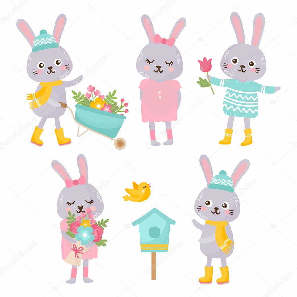 Cute animals collection. Rabbit with a garden wheelbarrow, gives spring flowers bouquet, rabbit with bird house, floral bouquet. Animals rejoices in spring.