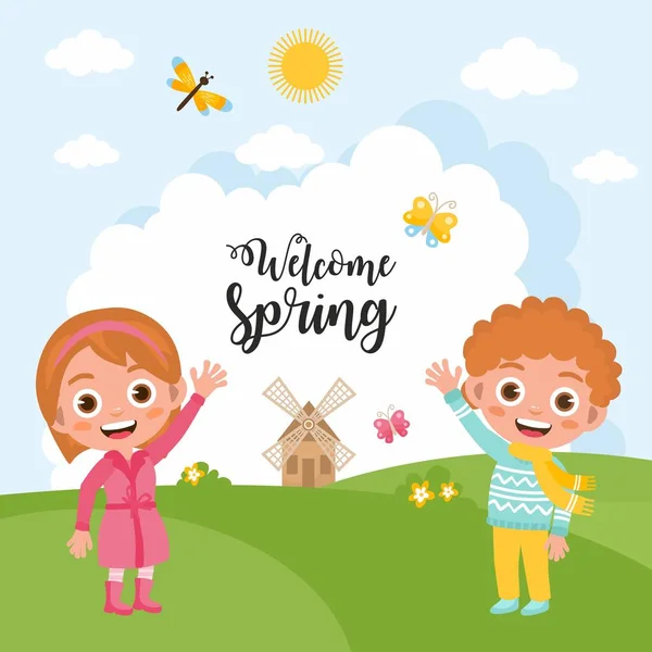 Paisagem natural primavera. As crianças são felizes na primavera. Dia ensolarado com céu azul, prado verde e moinho. Mensagem de boas-vindas. Lugar para o seu texto . — Vetor de Stock