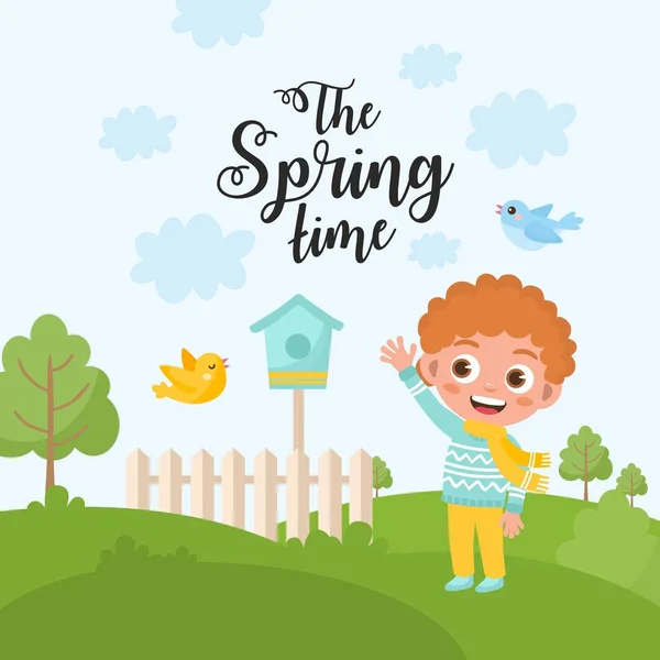 Paisagem natural primavera. hild se alegra na primavera. Dia ensolarado com céu azul, prado verde e casa de pássaros. A mensagem da Primavera . — Vetor de Stock
