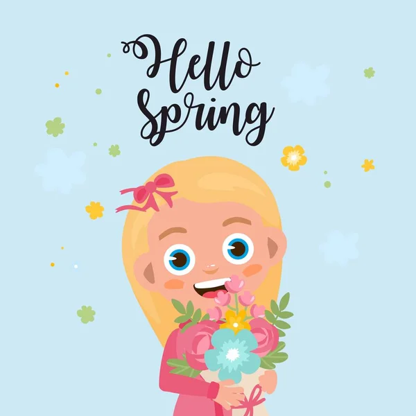 Olá cartão de saudação Primavera. Miúdo com flores de primavera bouquet. A menina alegra-se na primavera. Ilustração infantil bonito . — Vetor de Stock