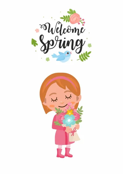 Bem-vindo cartão de saudação Primavera. Miúdo com flores de primavera bouquet. A menina alegra-se na primavera. Ilustração infantil bonito . — Vetor de Stock