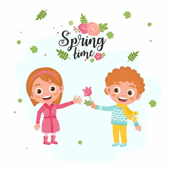 Cartão de saudação da Primavera. hild dá flores de primavera buquê. As crianças alegram-se na primavera. Ilustração infantil bonito . — Vetor de Stock