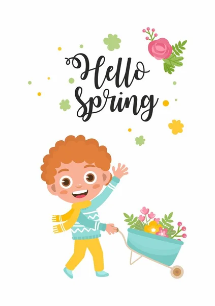 Hallo Frühling Grußkarte. Kind mit Frühlingsblumen Strauß. kleiner Junge mit einer Gartenschubkarre. niedliche kindliche Illustration. — Stockvektor