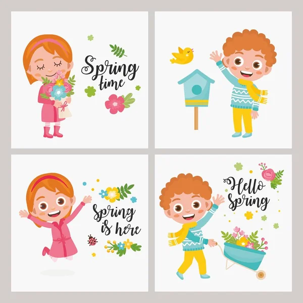 Hallo Frühlings Grußkarten Kollektion Kleiner Junge Mit Gartenschubkarre Junge Mit — Stockvektor
