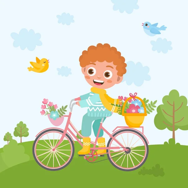 Spring greeting card. Little boy rides a bicycle in a green meadow. Cute childish illustration. Spring nature landscape. — Stock Vector