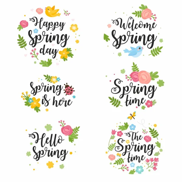 Feder Zitate handgezeichnet Satz. handschriftlicher Kalligrafie-Text auf weißem Hintergrund. Inspirationsbotschaft: Happy Spring Day, welcome Spring, Spring Time. — Stockvektor