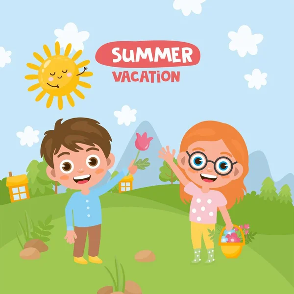 Summer natural landscape. Girl with a basket of flowers. A boy gives a flower. Sunny day with blue sky, Green Meadow . Welcome summer message. Space for your text. — Stock Vector