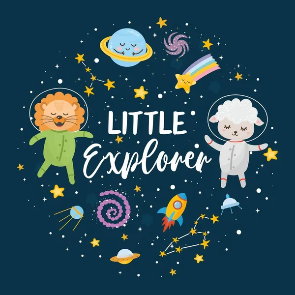 Little Explorer greeting card. Kids illustration with hand lettering text and different elements of cosmos. Astronaut animals, lamb and lion. Cute character planets, sun, moon, stars, Milky Way. — Stock Vector