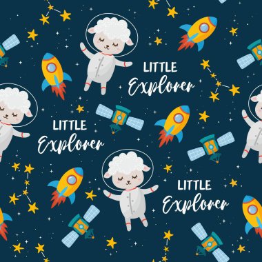 Kusursuz bir desen. El yazısı ve kozmosun farklı elementleriyle çocuk çizimleri. Astronot kuzusu, sevimli gezegenler, yıldızlar, UFO, roket, takımyıldızlar..