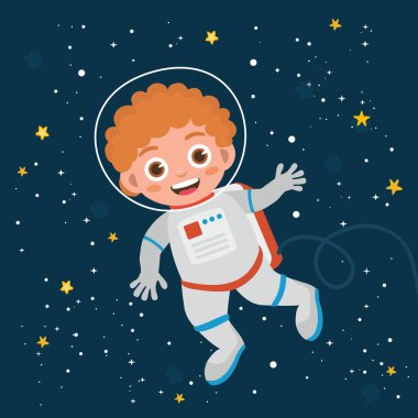 Küçük astronot çocuk çizimleri ve kozmosun farklı elementleri. Astronot çocuk uzayda uçuyor. Kozmos tebrik kartı.