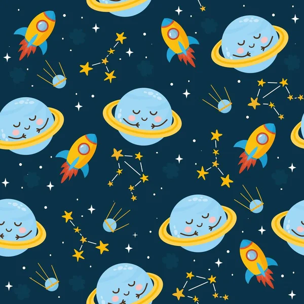 Space seamless pattern. Kids illustration with different elements of space. Cute planets, stars, constellation, rocket, Milky Way. Outer space. — Stock Vector