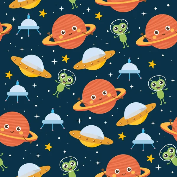 Space seamless pattern. Kids illustration with different elements of space. Cute planets, stars, alien, ufo. Outer space.