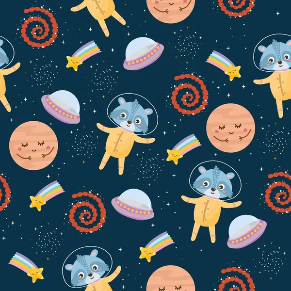 Space seamless pattern. Kids illustration with different elements of space. Astronaut animal, raccoon, cute planets, stars, ufo, rainbow. Outer space.