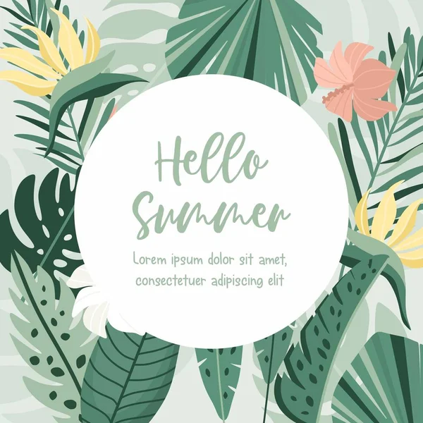 Hej sommar tropisk ram. Vektor djungel illustration. Grönska, palmblad, bananblad, hibiskus, plommonblommor. Plats för din text. — Stock vektor